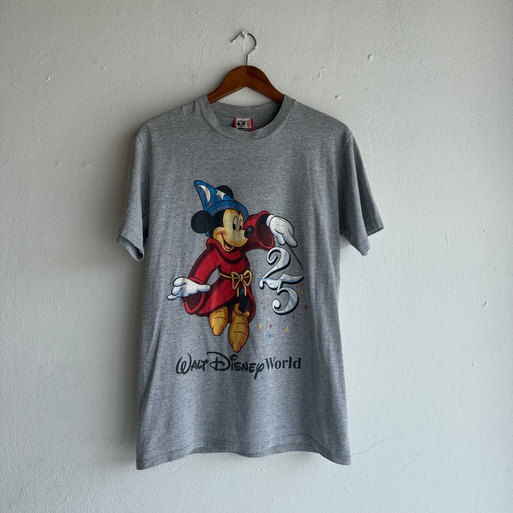 Vintage Walt Disney World 25th Anniversary Sorcerer Mickey T-Shirt Gray USA Made